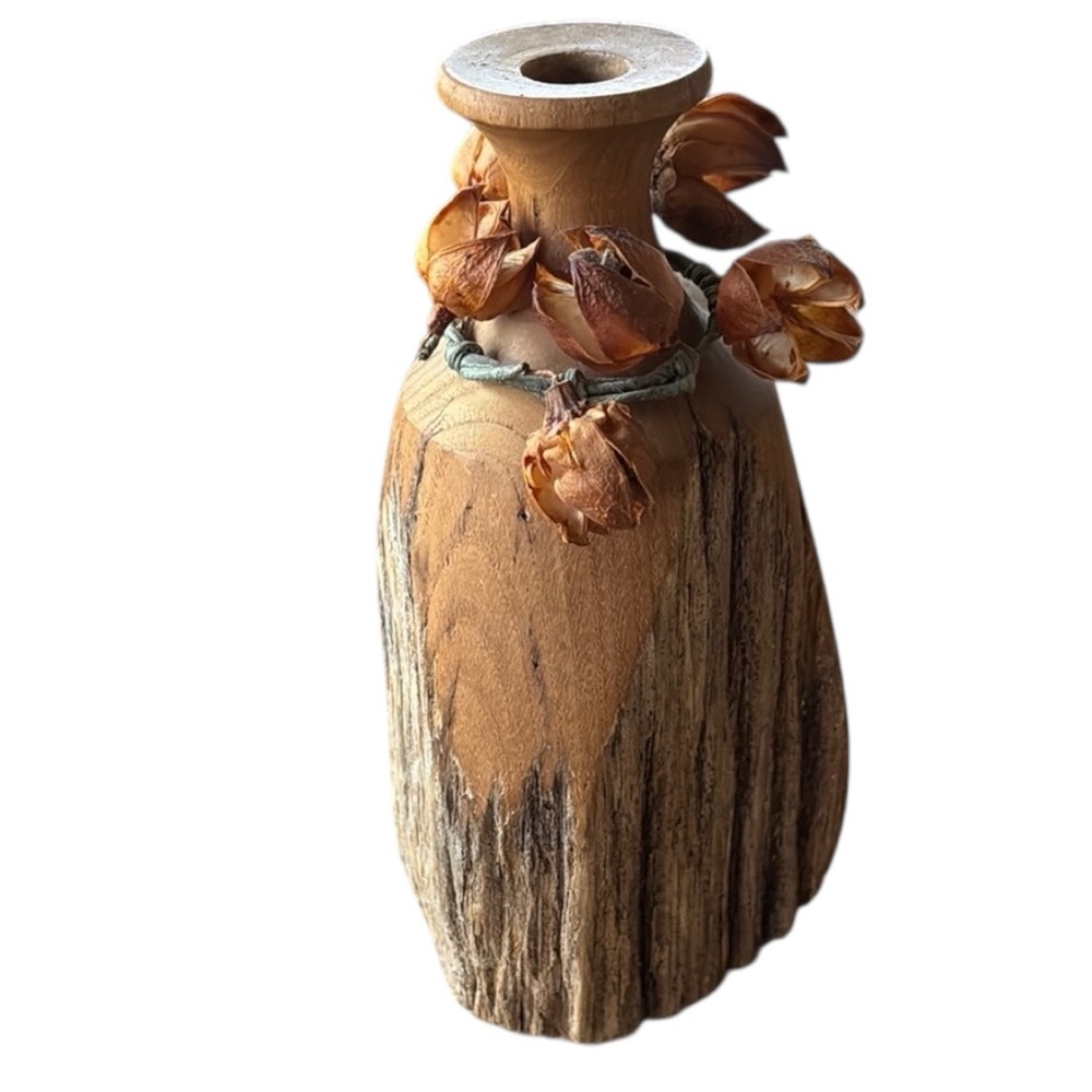 Rustic Wooden chestnut Bud Vase W/Dried Floral Accents Farmhouse Rustic Chestnut